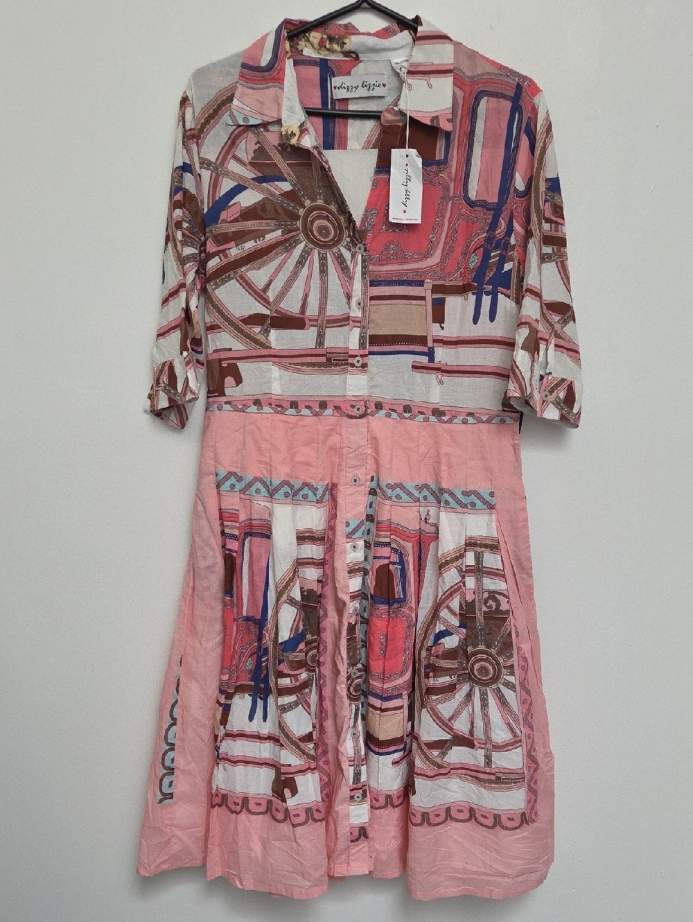 Dizxy Lizzie Wheel Patterned Button-Front Flared Summer Riviera Sz L Midi Dress - Picture 3 of 12